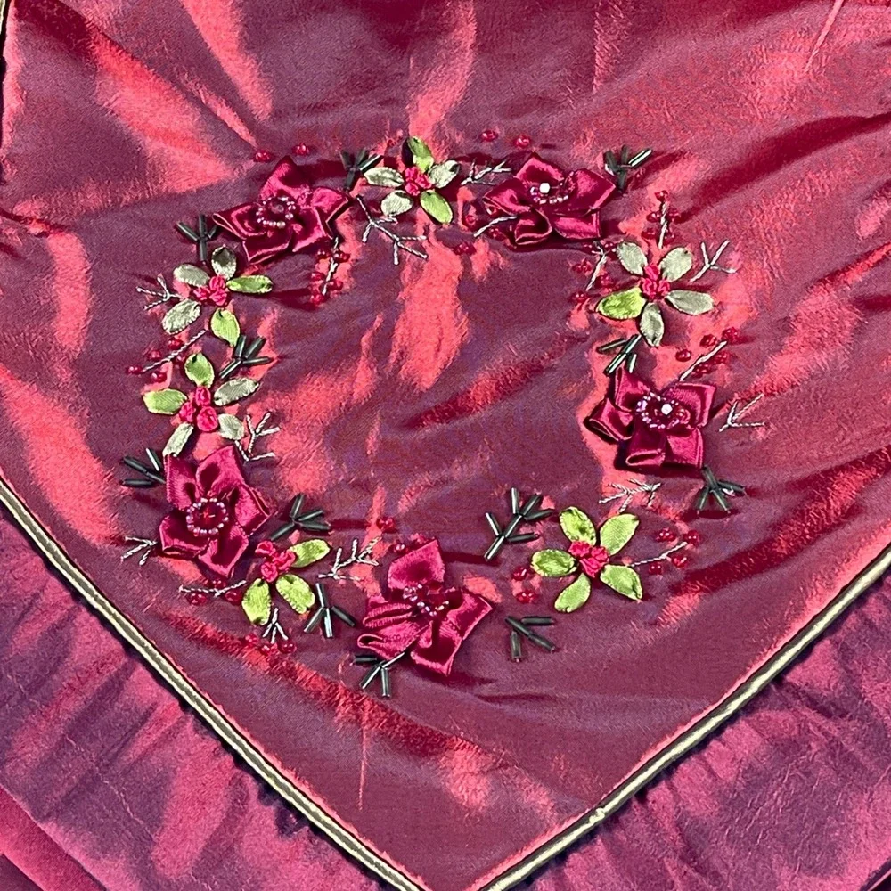 Burgundy Floral Embroidered Faux Silk Table Runner with Tassels 70 Inch Red